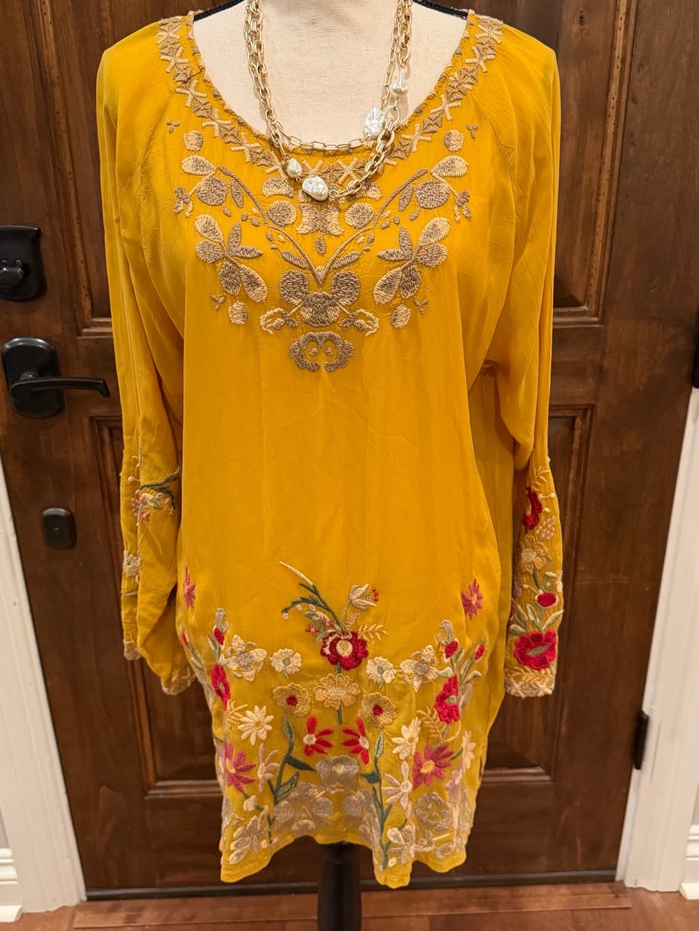 Johnny Was Mustard Yellow Embroidered Tunic Top